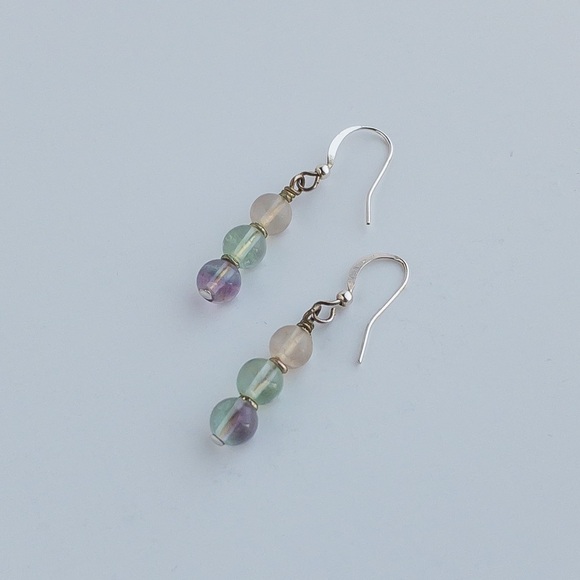 Multicolor Rainbow Fluorite Earrings Drop Dangle Silver Tone Round Natural Stone - Picture 3 of 8